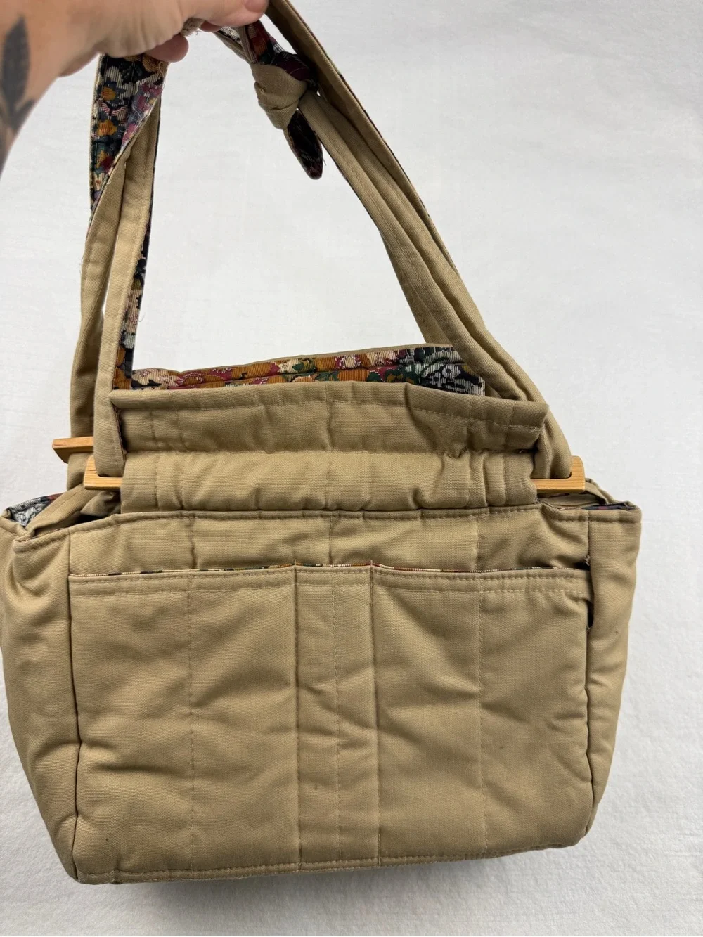 Canvas Craft Tote Floral Tapestry Lining Multi Pocket Sewing Knitting Bag